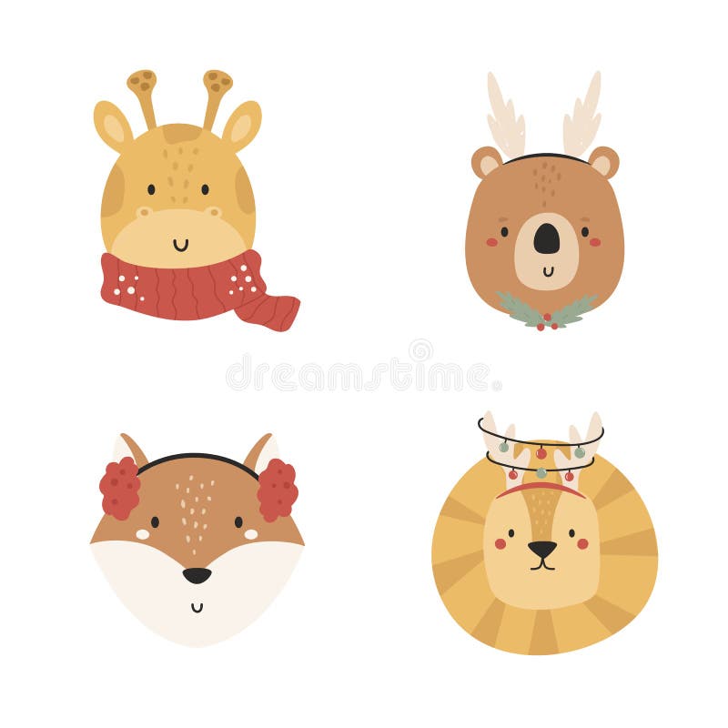 Vector illustration with cute animal faces in chrostmas decorations royalty free illustration
