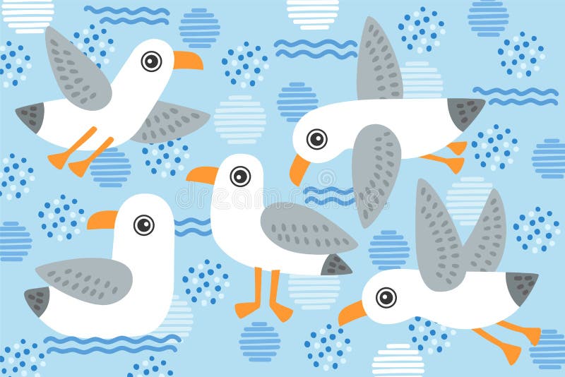 Vector illustration cute birds seagulls on a blue background with abstract spots