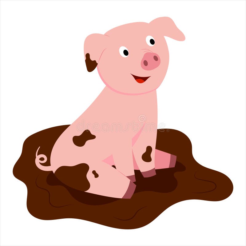 vector illustration of a cute cartoon pig sitting in the mud stock illustration