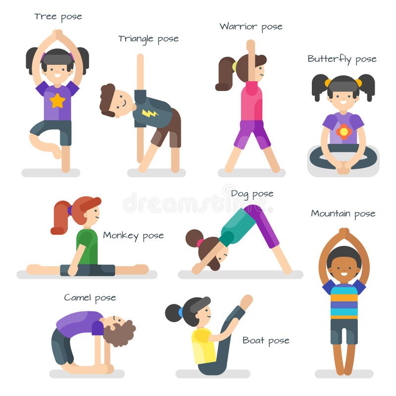 Kids Children Yoga Poses Cartoon Set. Stock Vector - Illustration of ...