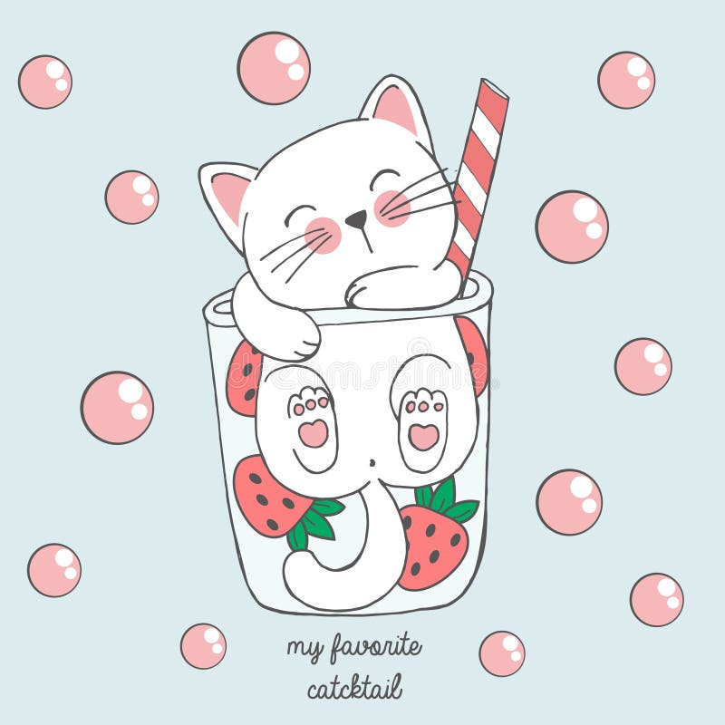 Cute Kawaii Cat in Anime Style in a Glass of Strawberry Cocktail with Pink  Bubbles, Drawing for Children`s Menu, Cocktail Party Stock Vector -  Illustration of cute, baby: 153167273