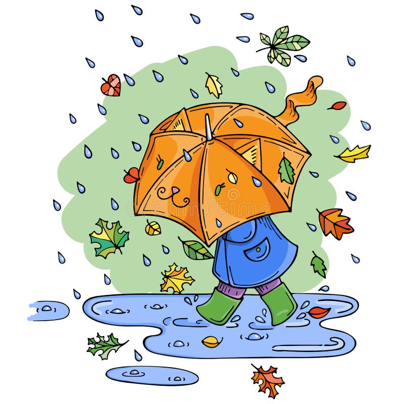 Vector illustration of cute kid with umbrella in rainy season with leaf fal...