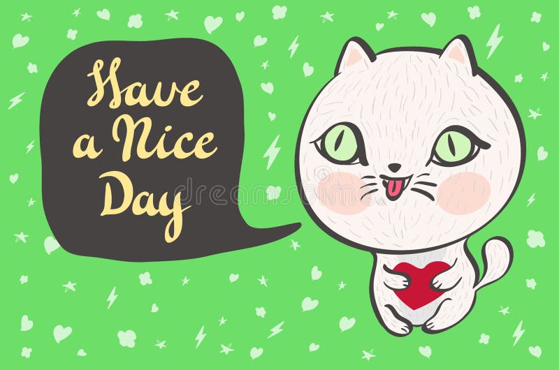 Cute Cat Have A Nice Day Greeting Cartoon Doodle Card Icon