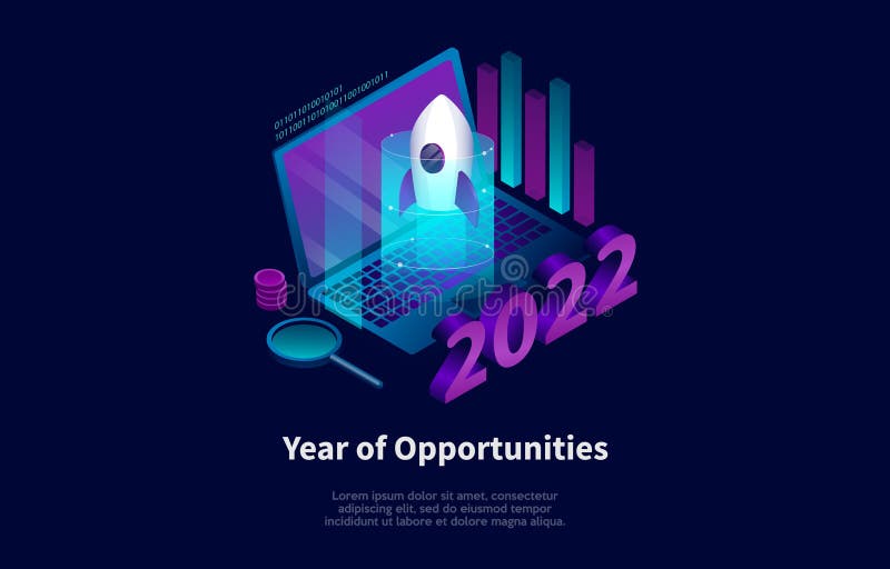 Vector Illustration On Dark Background With Writings And Infographics. Isometric Composition In Cartoon 3D Style. Year royalty free illustration