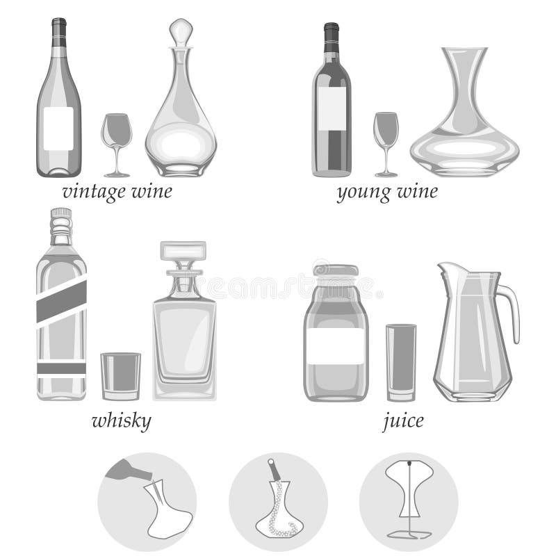 Vector illustration. decanters-their types,purpose and way of caring for them