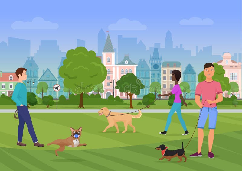 Vector Illustration der Leute, die mit Hunden im Stadtpark gehen Leutehundeliebhaber, dogshops vektor abbildung Vector Illustration der Leute, die mit Hunden im Stadtpark gehen Leutehundeliebhaber, dogshops vektor abbildung