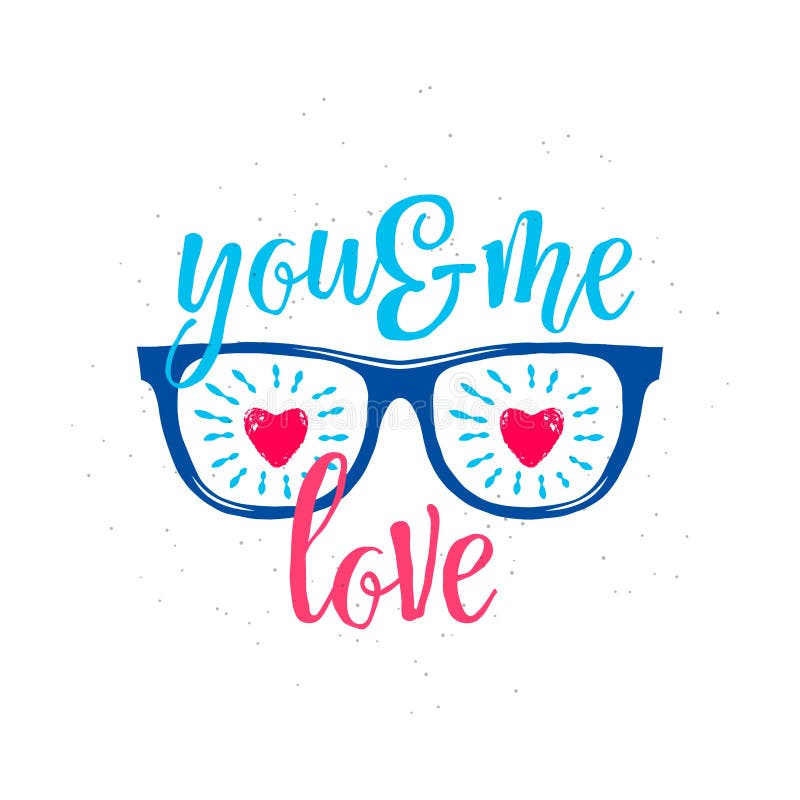 Vector Illustration der Sonnenbrille mit Herzen in den Gläsern, simsen Sie Sie und mich Liebe. Vector Illustration der Retro- Sonnenbrille mit den roten Herzen in den Gläsern und im Beschriftungsgefühltextzitat Sie und ich Liebe lokalisiert auf weißem Hintergrund Valentinsgrußtagesgrußschablone