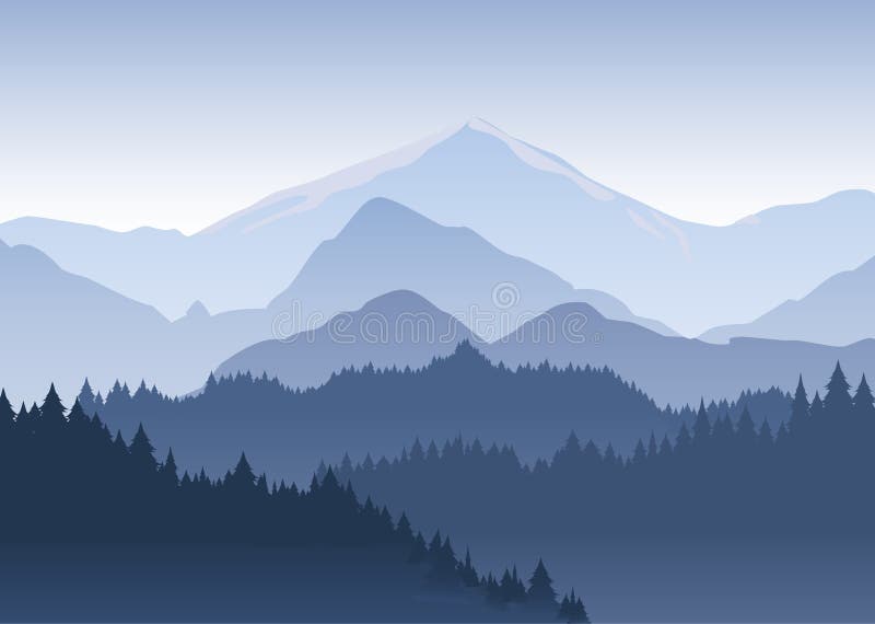 Vector Illustration des Kieferwaldes, der herein in den Abstand auf dem Hintergrund von hellblauen Bergen zurücktritt