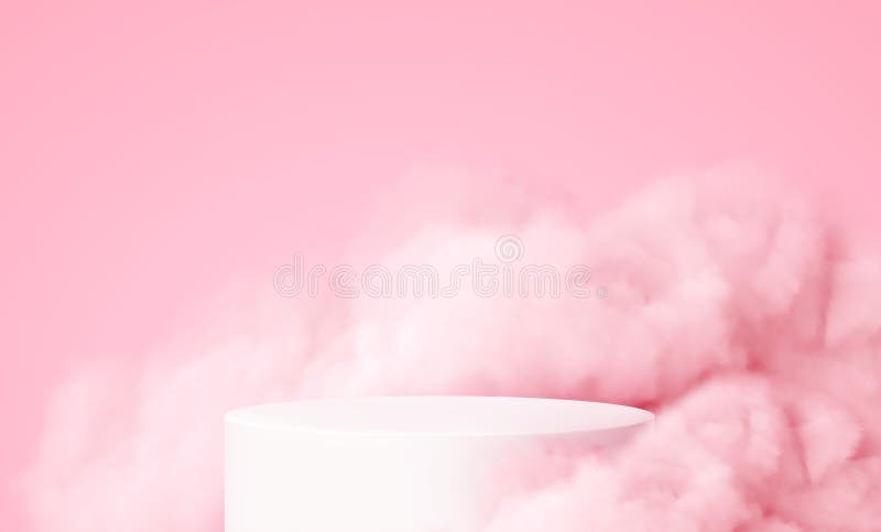 Vector Illustration eines minimalistischen weißen Podiums, das aus rosa wolkiger Nebel mit zartem Hintergrunddesign auftaucht vektor abbildung