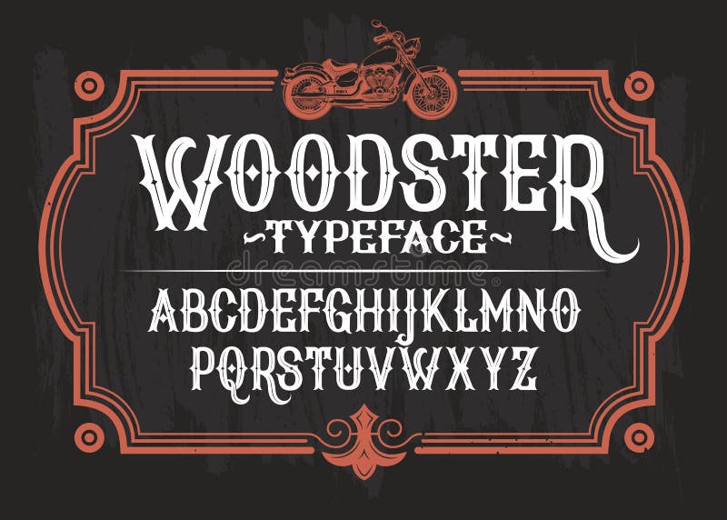 Vector Illustration eines Weinlesegusses, das lateinische Alphabet in einem Retro- Rahmen mit einem kundenspezifischen Motorrad stock abbildung