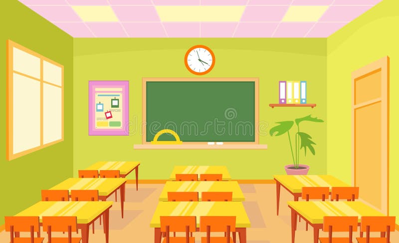 Vector illustration of empty school class room interior in bright pastel colors with board and desks for children in stock illustration Vector illustration of empty school class room interior in bright pastel colors with board and desks for children in stock illustration