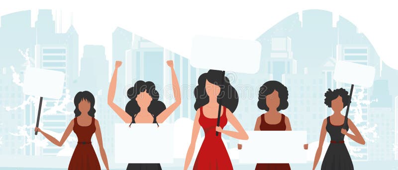 A group of girls came out to protest. Banner in blue tones. Cute illustration in flat style. vector illustration