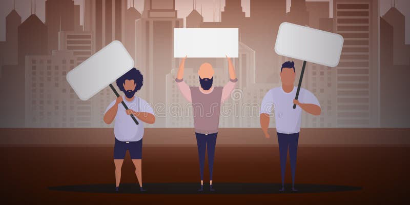 A group of men with banners in their hands came out to protest. Prosky style. Vector illustration. royalty free illustration