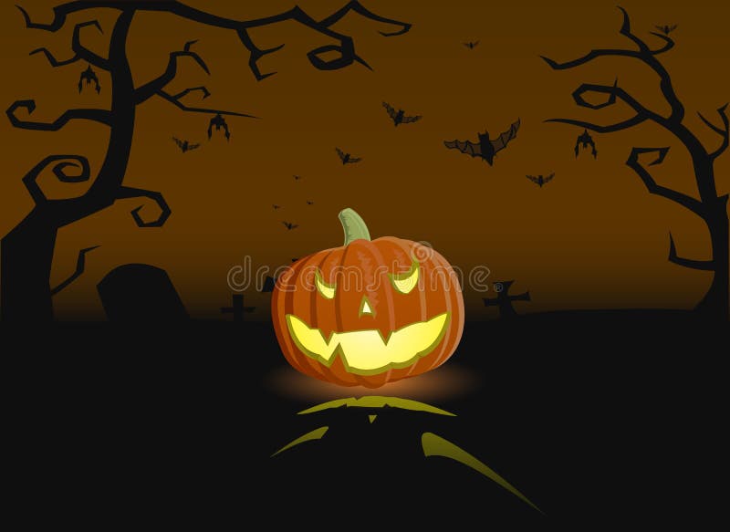 Vector illustration of evil pumpkin on the grave