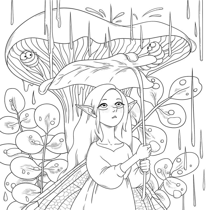 Vector illustration with a fairy who hid under a leaf from the rain. Outline sketch with a winged elf under a mushroom for a