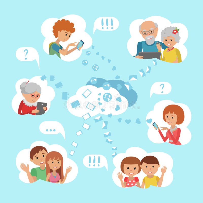 Vector illustration family online social media communication cloud service concept. vector illustration Vector illustration family online social media communication cloud service concept. vector illustration