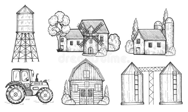 Farm buildings, mill, tractor set