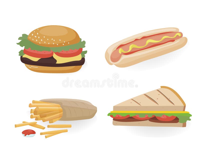 Vector Illustration Of Fast Food Set Of Hamburger Hot Dog Sandwich