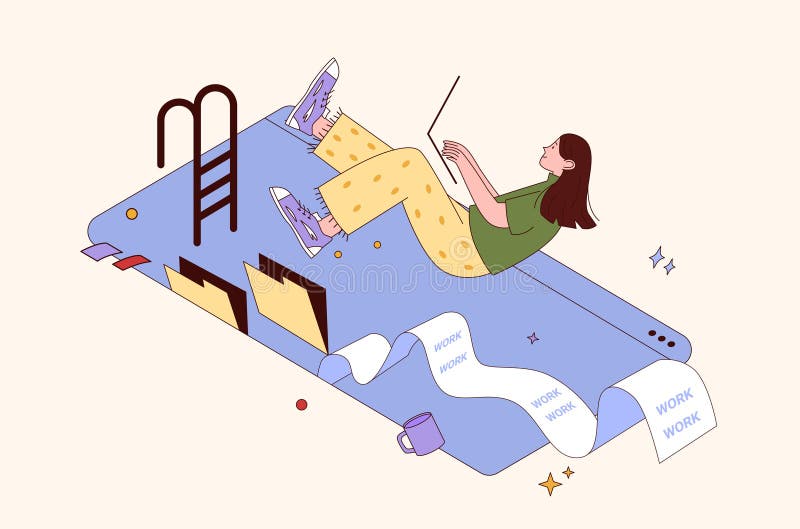 Vector illustration of female programmer typing on laptop surrounded by digital files and tasks sitting inside folder interface ilustração royalty free