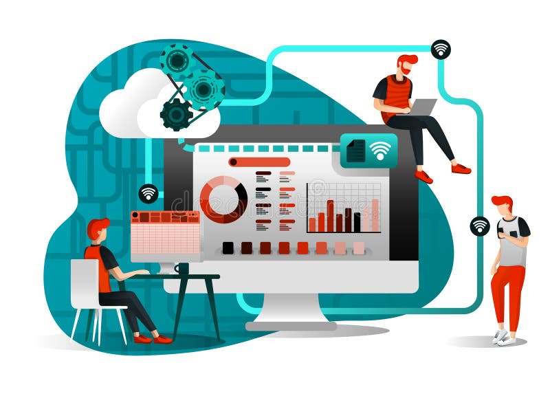 Vector illustration of file storage technology, sharing, remote worker, network industry 4.0. people sharing work file. cloud impr vector illustration Vector illustration of file storage technology, sharing, remote worker, network industry 4.0. people sharing work file. cloud impr vector illustration