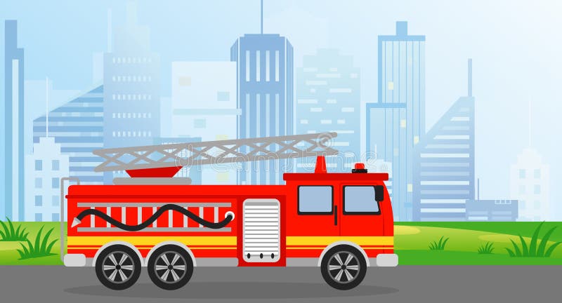 Vector illustration fire truck in flat style on modern city view background. vector illustration Vector illustration fire truck in flat style on modern city view background. vector illustration