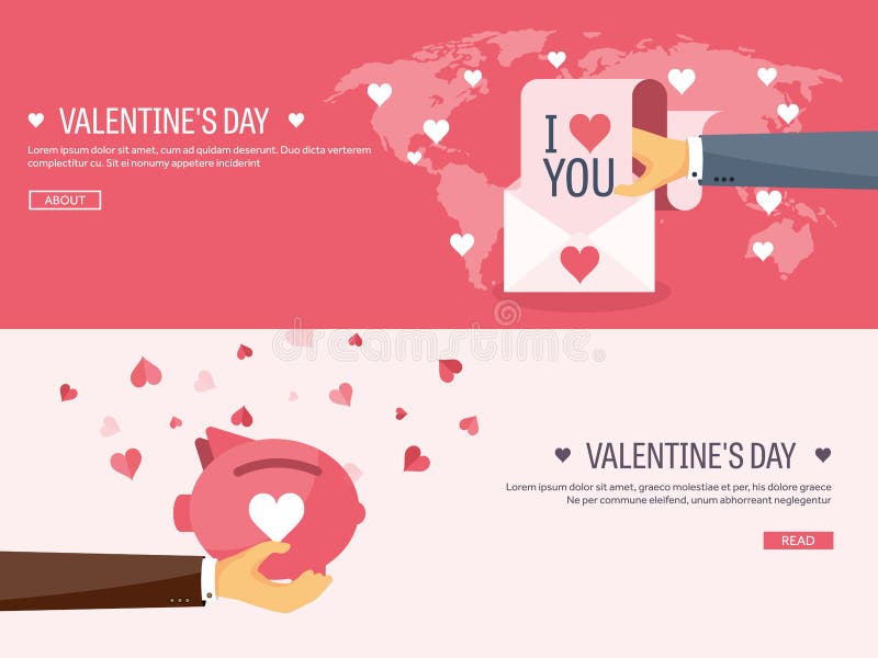 Vector illustration. Flat background with envelope and piggy bank. Love and hearts. Valentines day. Be my valentine. 14