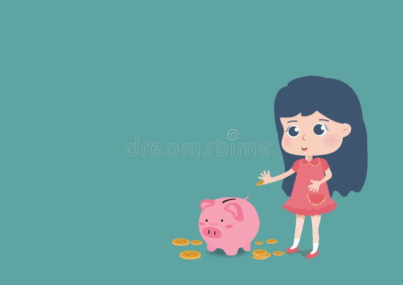 Cute girl putting coin a Piggy bank stock illustration