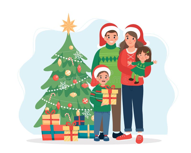 Happy Family with Christmas Tree. Cute Vector Illustration in Flat