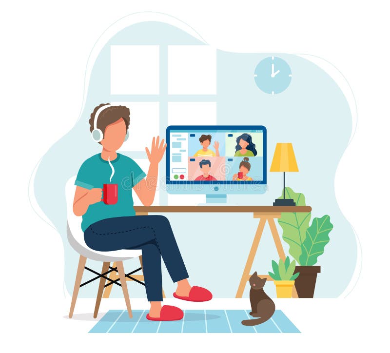 Online Meeting Via Group Call. Man Talking To Friends in Video