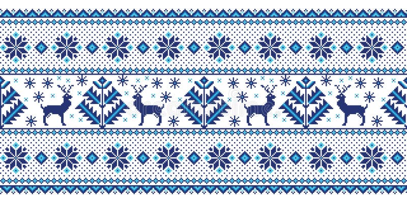 Vector illustration of folk seamless pattern ornament. Ethnic New Year blue ornament with pine trees and deers. Cool ethnic border element for your designs.