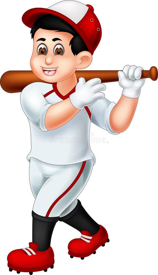 Funny Baseball Player in Red White Uniform with Brown Glove Cartoon