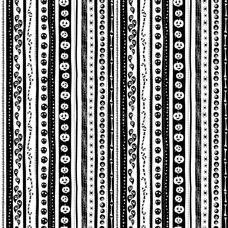 Vector illustration Funny cute scary black and white seamless background abstract pattern for halloween party with pumpkin, candy, ghost, spider, scull and bones. Flat silhouette style. Vector illustration Funny cute scary black and white seamless background abstract pattern for halloween party with pumpkin, candy, ghost, spider, scull and bones. Flat silhouette style