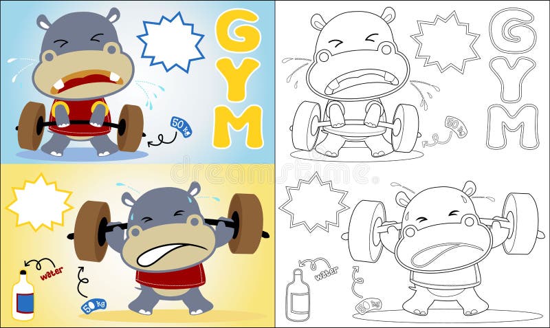 Vector illustration of funny hippo cartoon lift dumbbell , coloring book or page