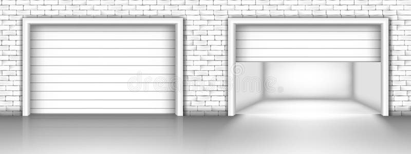 Garage door in brick wall. Closed and open garage doors