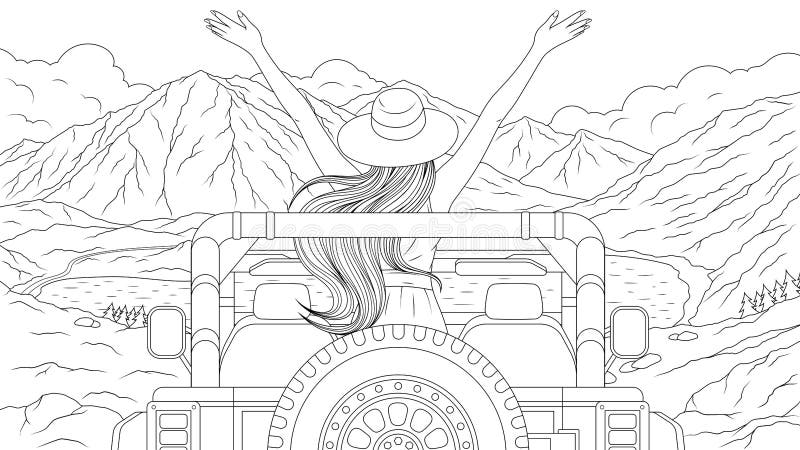 Vector illustration, Girl travels by car in the mountains