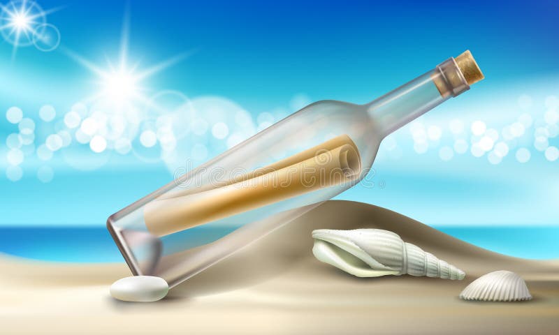 Vector illustration of a glass bottle with a message lying on a sandy beach with seashells and pebbles. vector illustration Vector illustration of a glass bottle with a message lying on a sandy beach with seashells and pebbles. vector illustration