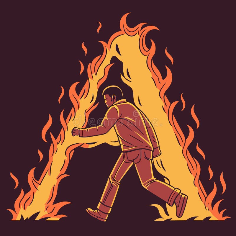 Vector illustration of a glowing fire letter A with flames and a man walking through it. Creative conceptual art for alphabet royalty free illustration