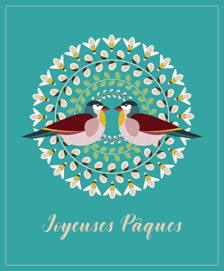 Greeting Card with French Text Joyeuses Paques, in English Happy Easter. Willow Branches, Green Leaves, Bees and Two Birds stock illustration Greeting Card with French Text Joyeuses Paques, in English Happy Easter. Willow Branches, Green Leaves, Bees and Two Birds stock illustration