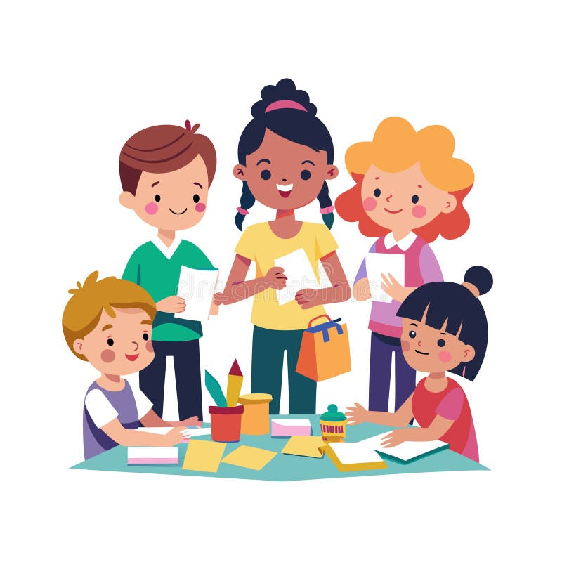 Group of Children Crafting and Learning Together, Vector Illustration, Arts and Crafts stock illustration