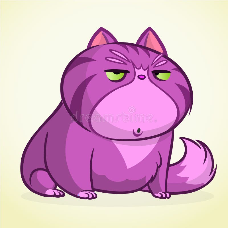 Vector illustration of grumpy purple cat. Fat cartoon cat with a grumpy expression.