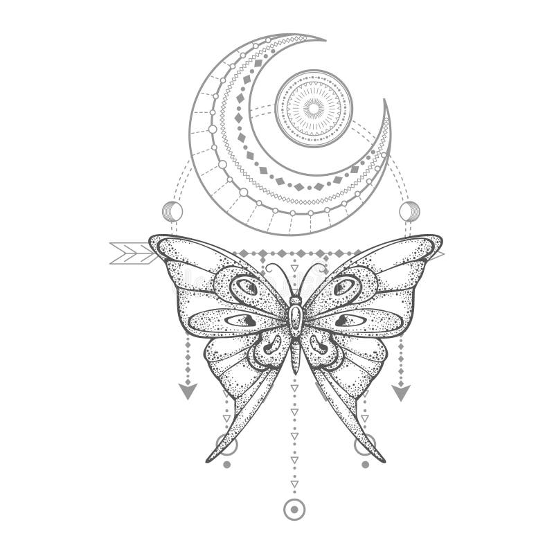 Vector Illustration with Hand Drawn Butterfly and Sacred Geometric ...