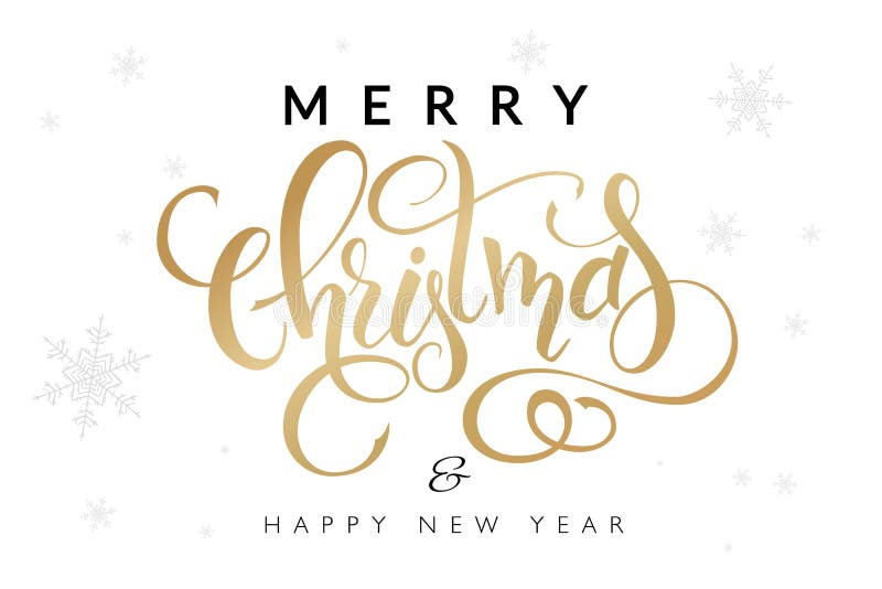 Vector illustration of hand drawn lettering - Merry Christmas and happy new year - with snowflakes on the background stock illustration Vector illustration of hand drawn lettering - Merry Christmas and happy new year - with snowflakes on the background stock illustration
