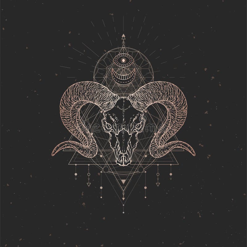 Vector Illustration with Hand Drawn Wild Ram Skull and Sacred Geometric ...