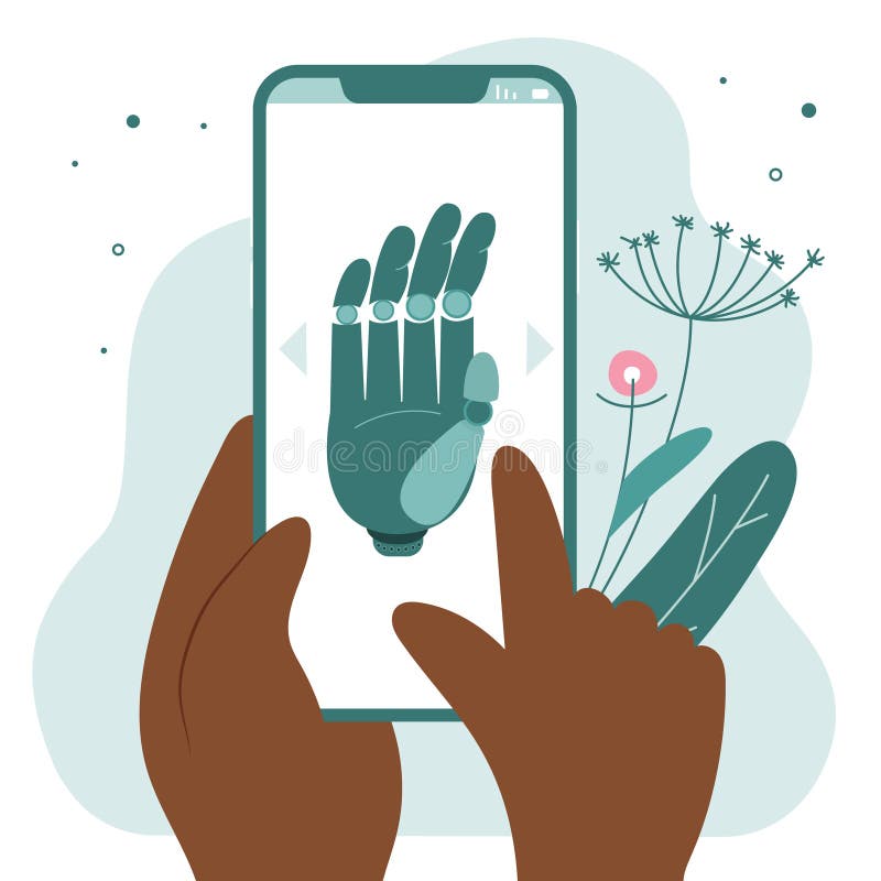 Vector illustration with hand keep phone and choose bionic hand, titanium arm, implant or prosthesis. stock illustration