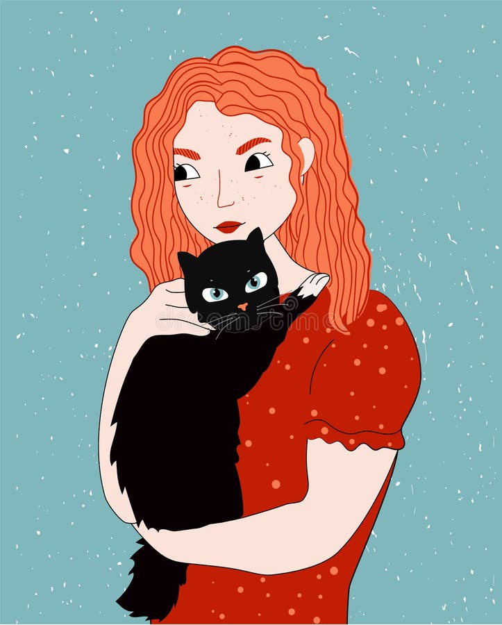 Redheaded Girl Holding Black Cat Stock Vector - Illustration of meow ...