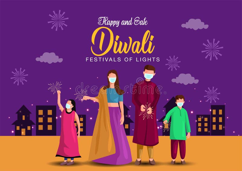 Vector illustration of Hindu family celebrating on Happy Diwali Indian holiday background. covid 19, corona virus concept