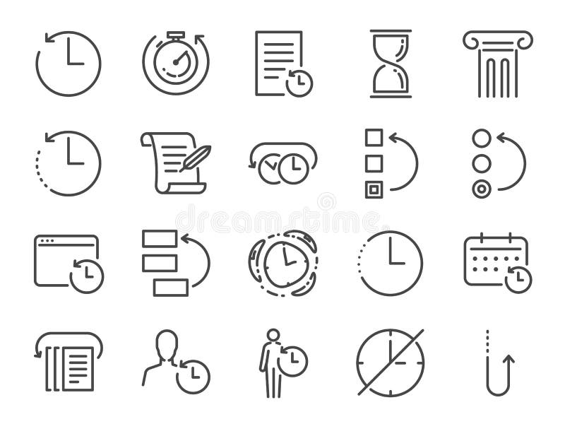 History and time management icon set. Included the icons as Anti-Aging, revert, time, reverse, u-turn, time machine, waiting, resc stock illustration History and time management icon set. Included the icons as Anti-Aging, revert, time, reverse, u-turn, time machine, waiting, resc stock illustration