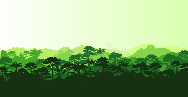 Vector illustration of horizontal panorama tropical rainforest in silhouette style with trees and mountains, jungle
