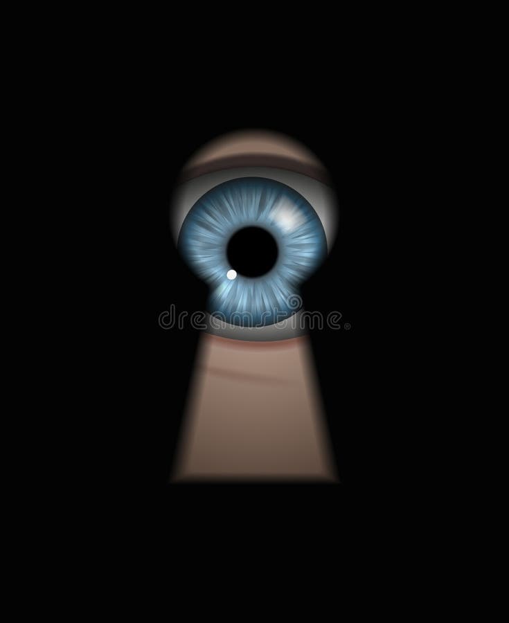 Vector Illustration of Human Blue Eye Peeking through the Dark Keyhole