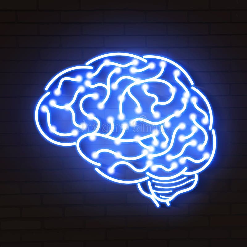 Vector illustration of human brain. Neon sign on blue background. vector illustration